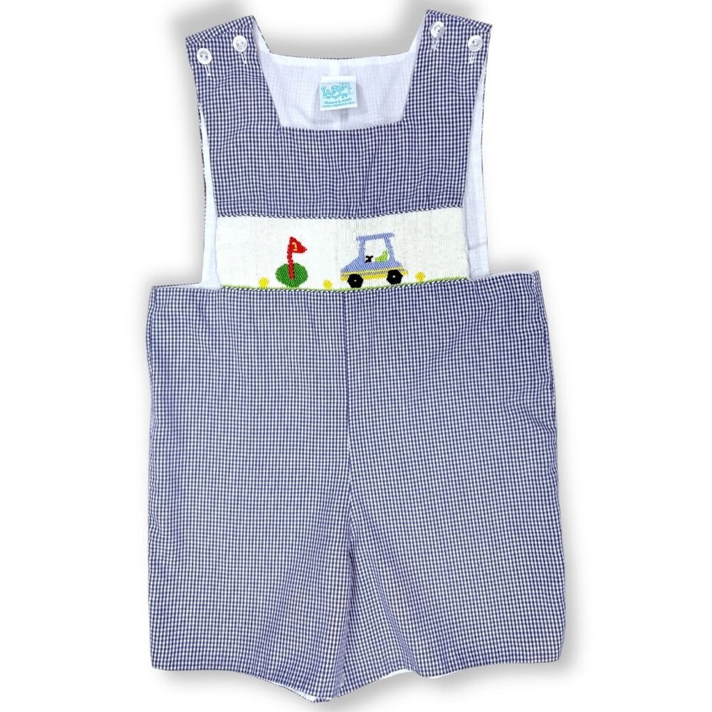 Rags Land Toddler Blue Gingham Boys Golf Smocked Shortalls Romper Outfit 3T